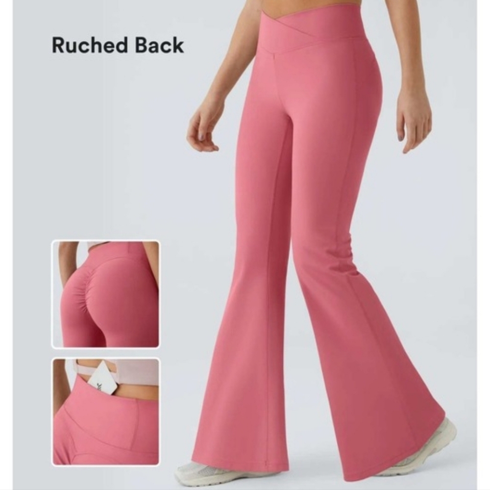 NWT HALARA Pink Flare Ruched Butt Lift Full Length Crossover Waist Medium Pants